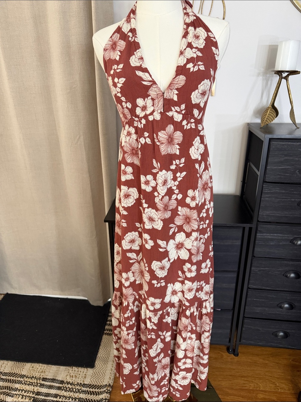 Abercrombie & Fitch Rust Floral Halter Maxi Dress 100% Viscose Size XS Tall